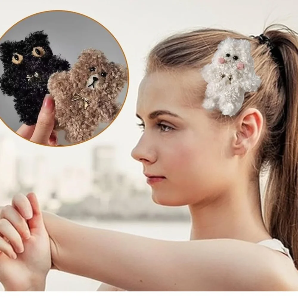 Furry Plush Hair Accessories Anti-Slip Hair Barrettes set 3 bear cat bunny new